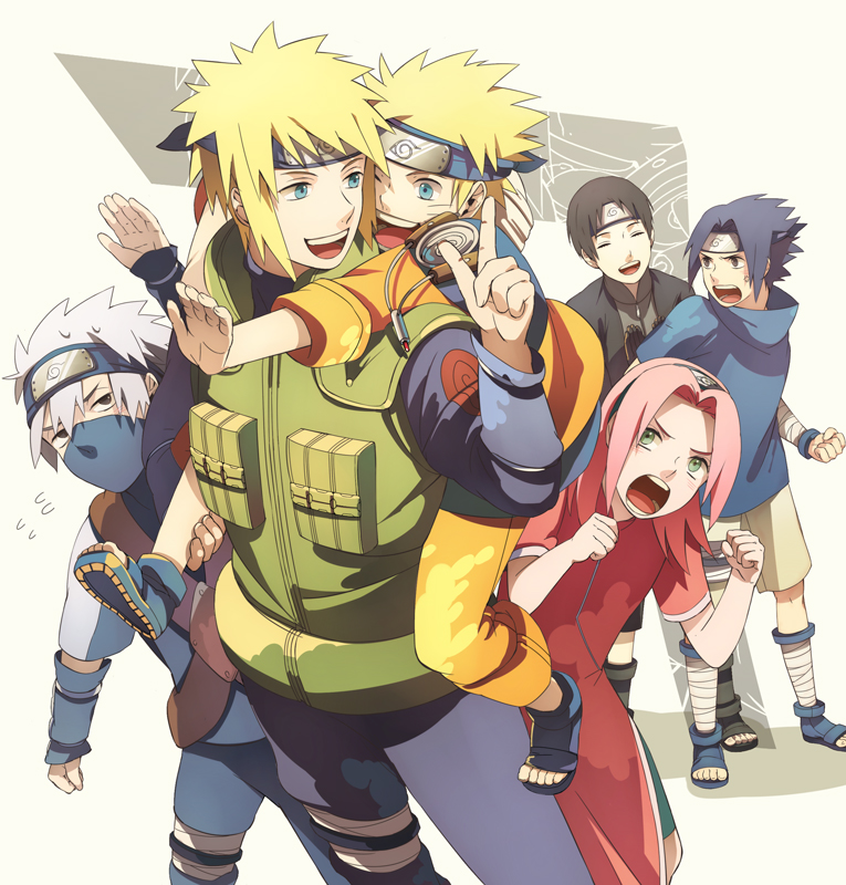 haruno sakura, uzumaki naruto, uchiha sasuke, hatake kakashi, namikaze minato, and 1 more (naruto and 1 more) drawn by oba-min