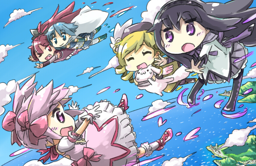 akemi homura, kaname madoka, miki sayaka, sakura kyoko, tomoe mami, and 1 more (mahou shoujo madoka magica) drawn by ueshita