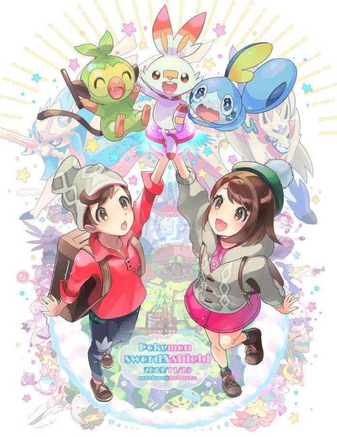 gloria, morpeko, scorbunny, sobble, victor, and 17 more (pokemon and 1 more) drawn by cocoloco