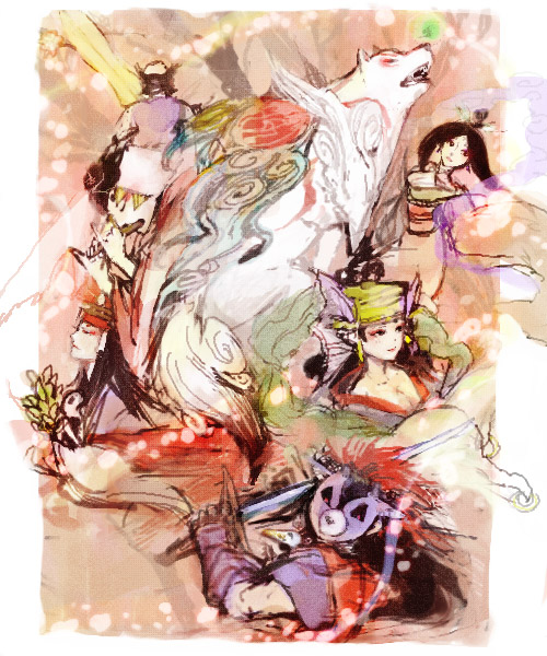 amaterasu, issun, ushiwakamaru, sakuya, okikurumi, and 4 more (ookami) drawn by koku_666