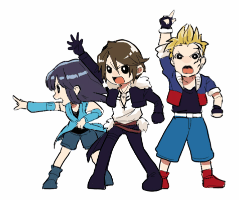 squall leonhart, rinoa heartilly, and zell dincht (final fantasy and 1 more) drawn by medu_(rubish)