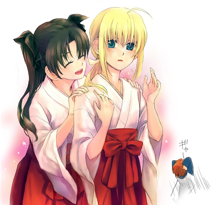 artoria pendragon, saber, tohsaka rin, and emiya shirou (fate and 1 more) drawn by momo_(gomenne)