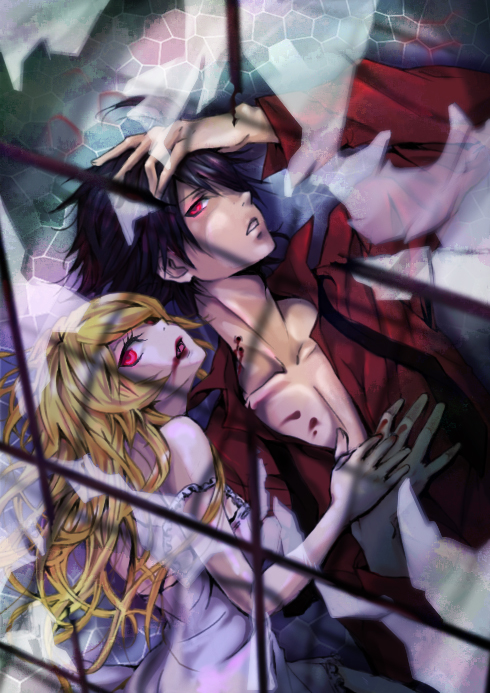 oshino shinobu, araragi koyomi, and kiss-shot acerola-orion heart-under-blade (monogatari and 1 more) drawn by 1020ruka
