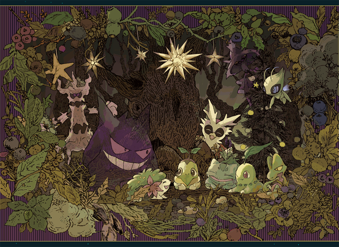 gengar, bulbasaur, chikorita, celebi, shaymin, and 5 more (pokemon) drawn by awai_(pixiv29777040)