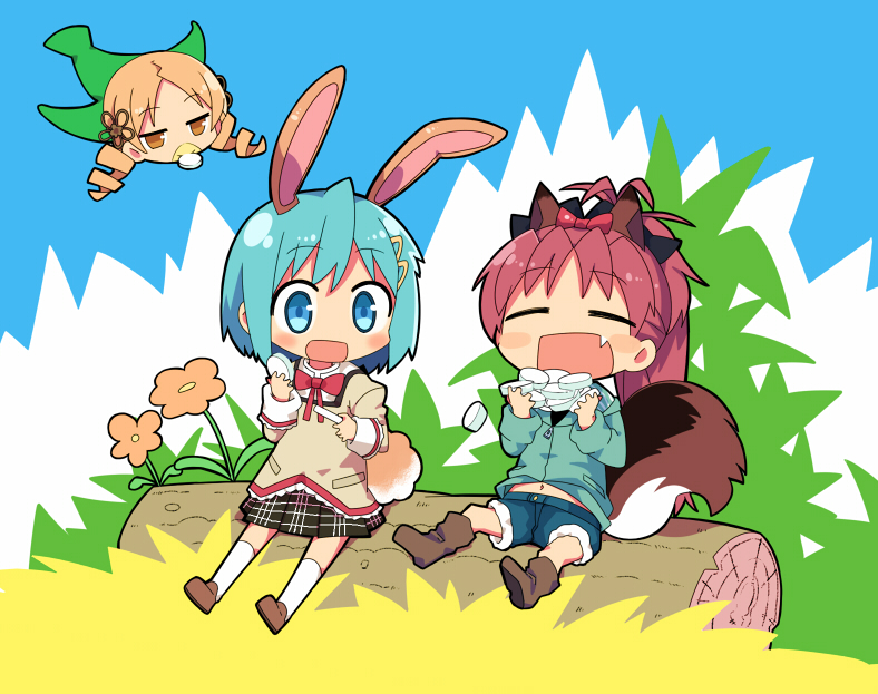 miki sayaka, sakura kyoko, and tomoe mami (mahou shoujo madoka magica and 1 more) drawn by kanikama