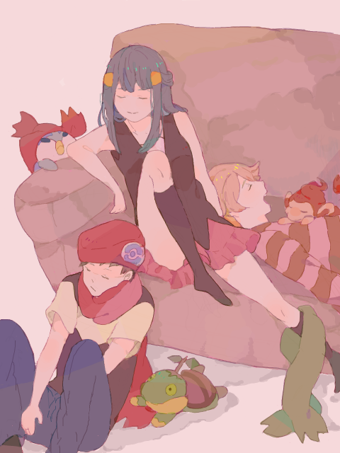 dawn, piplup, lucas, barry, turtwig, and 1 more (pokemon and 1 more) drawn by mata_tabi