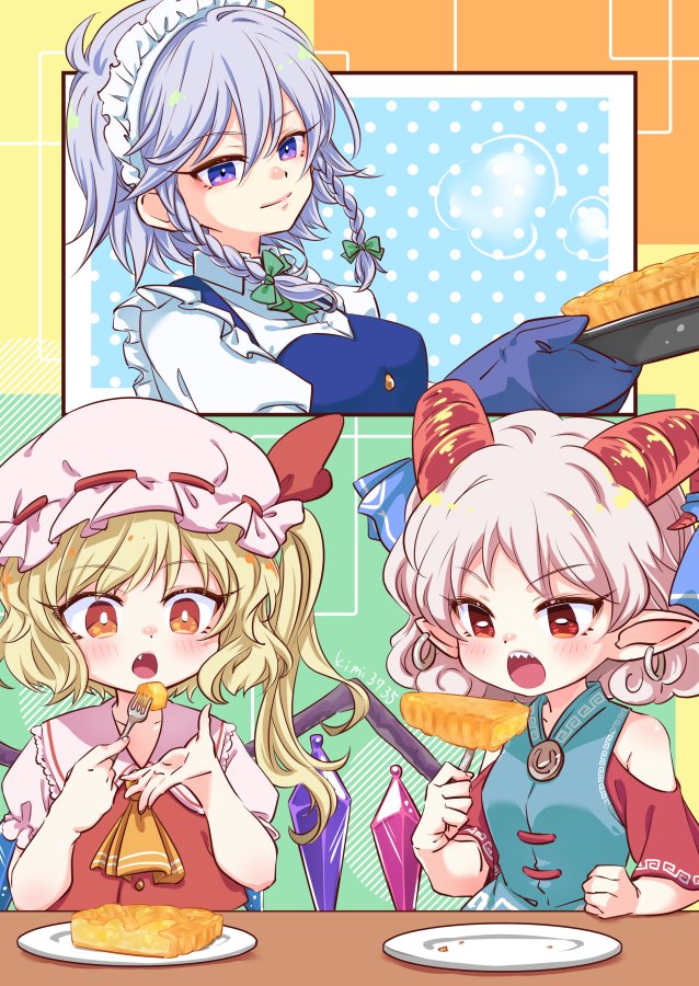 flandre scarlet, izayoi sakuya, and toutetsu yuuma (touhou) drawn by kimi3735