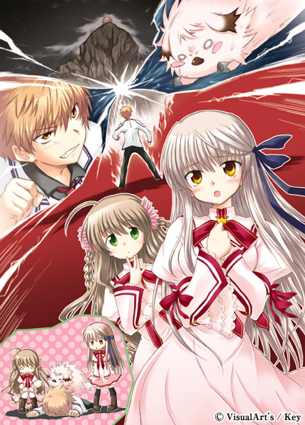 kanbe kotori, senri akane, tennouji kotarou, and chibi-moth (rewrite) drawn by mizuki_takehito