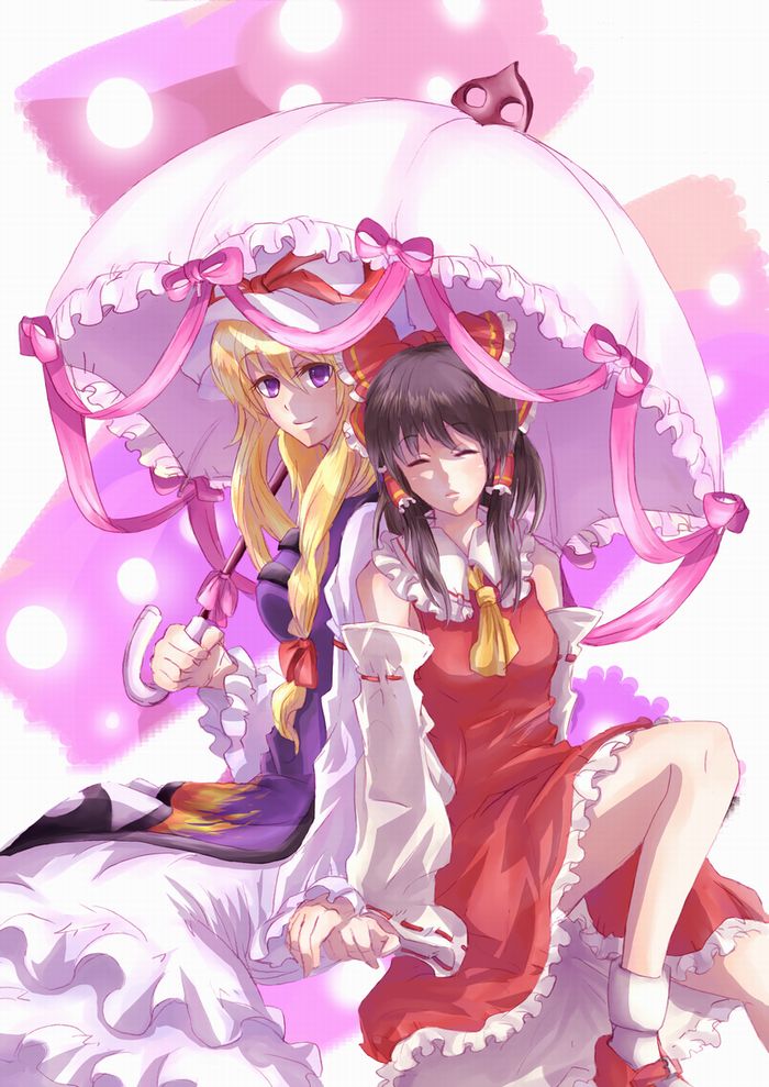 hakurei reimu and yakumo yukari (touhou) drawn by fuji_warabi