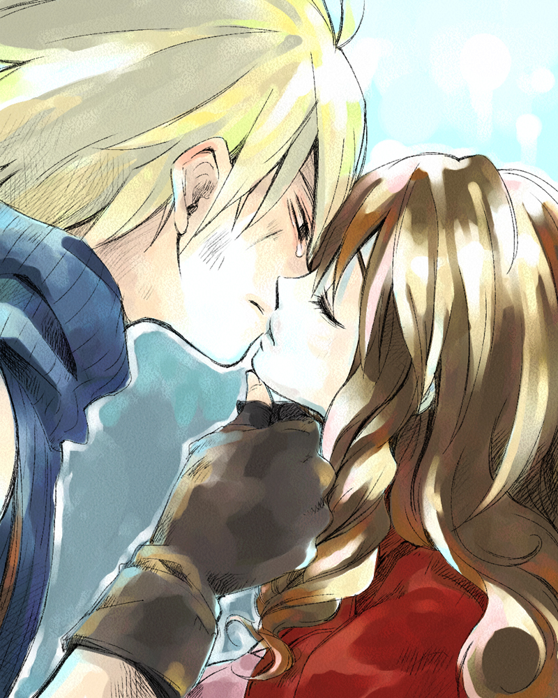 cloud strife and aerith gainsborough (final fantasy and 1 more) drawn by hidaka_ryou