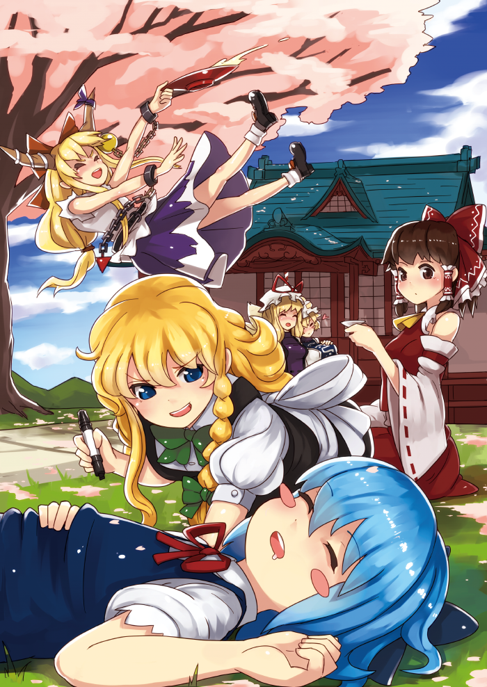 hakurei reimu, kirisame marisa, cirno, yakumo yukari, yakumo ran, and 1 more (touhou) drawn by nosuku