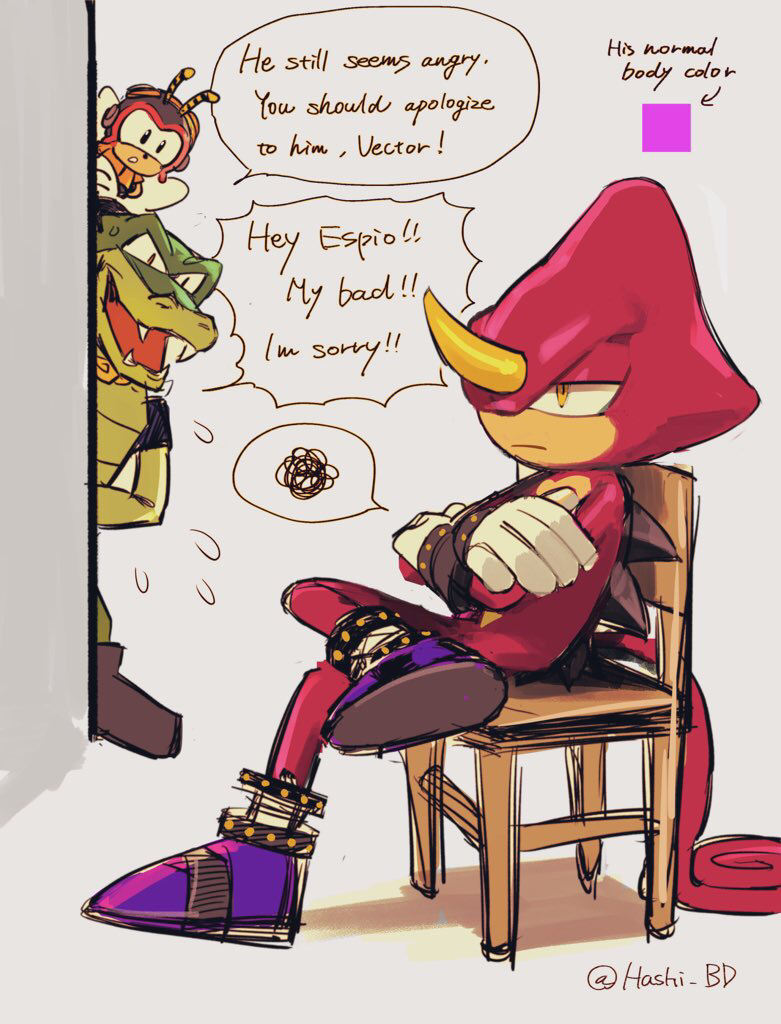 espio the chameleon, vector the crocodile, and charmy bee (sonic) drawn by hashi84e