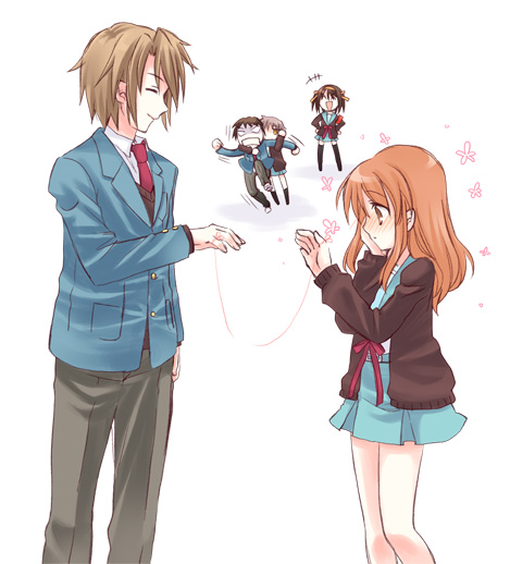 suzumiya haruhi, nagato yuki, asahina mikuru, kyon, and koizumi itsuki (suzumiya haruhi no yuuutsu) drawn by yuuma_(omaeno_meinichi)