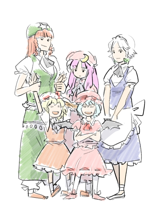 remilia scarlet, flandre scarlet, izayoi sakuya, patchouli knowledge, and hong meiling (touhou) drawn by hounori