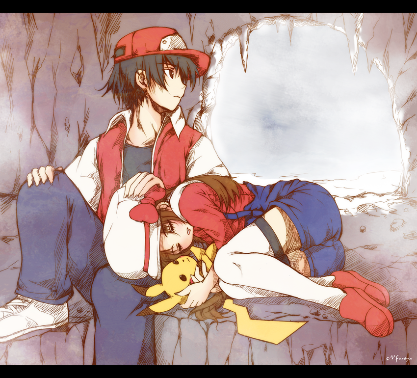 pikachu, red, lyra, and pixiv red (pokemon and 2 more) drawn by n_funiya