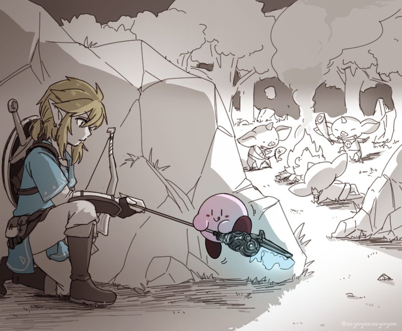 link and kirby (the legend of zelda and 2 more) drawn by sayoyonsayoyo