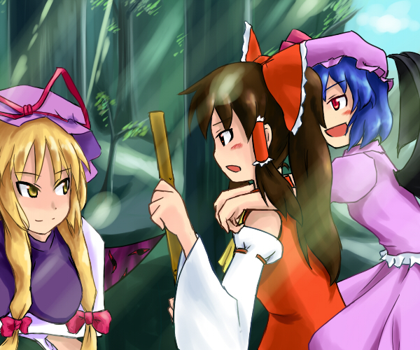 hakurei reimu, remilia scarlet, and yakumo yukari (touhou) drawn by tetsuji