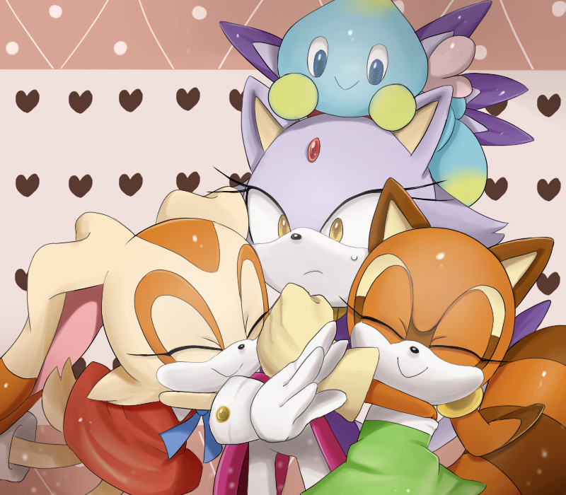 blaze the cat, cream the rabbit, neutral chao, cheese, and marine the raccoon (sonic and 2 more) drawn by unichrome-uni