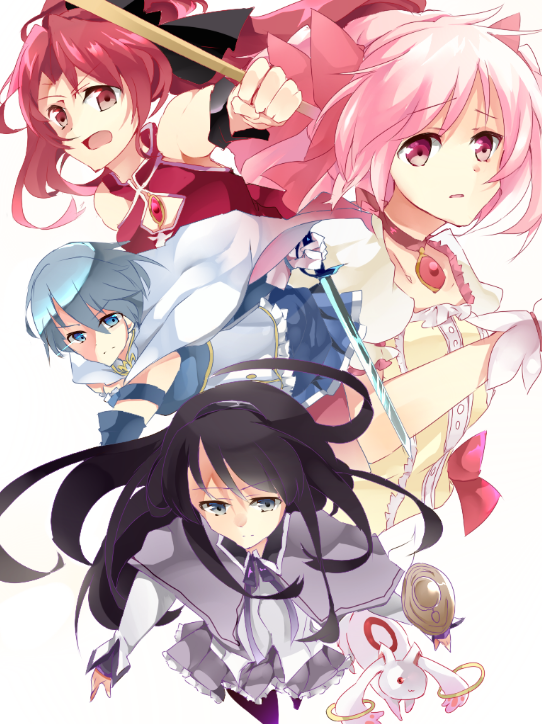 akemi homura, kaname madoka, miki sayaka, sakura kyoko, and kyubey (mahou shoujo madoka magica) drawn by uminuko