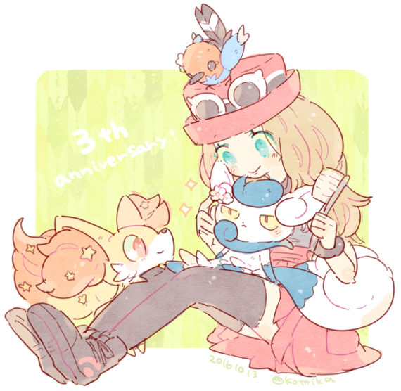 serena, fennekin, fletchling, and meowstic (pokemon and 1 more) drawn by katiko
