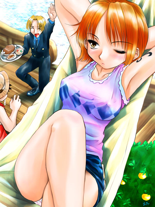 nami, monkey d. luffy, and sanji (one piece) drawn by atchy