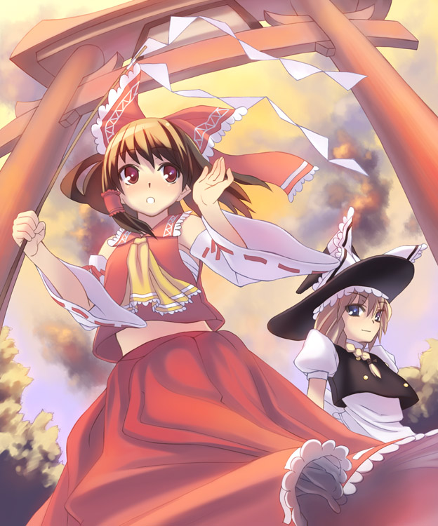 hakurei reimu and kirisame marisa (touhou) drawn by oryo_(oryo04)
