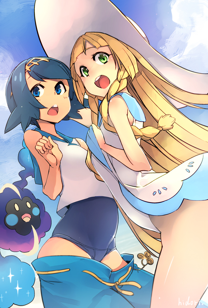 lillie, lana, and cosmog (pokemon and 1 more) drawn by hidori_(hibi_toridori)