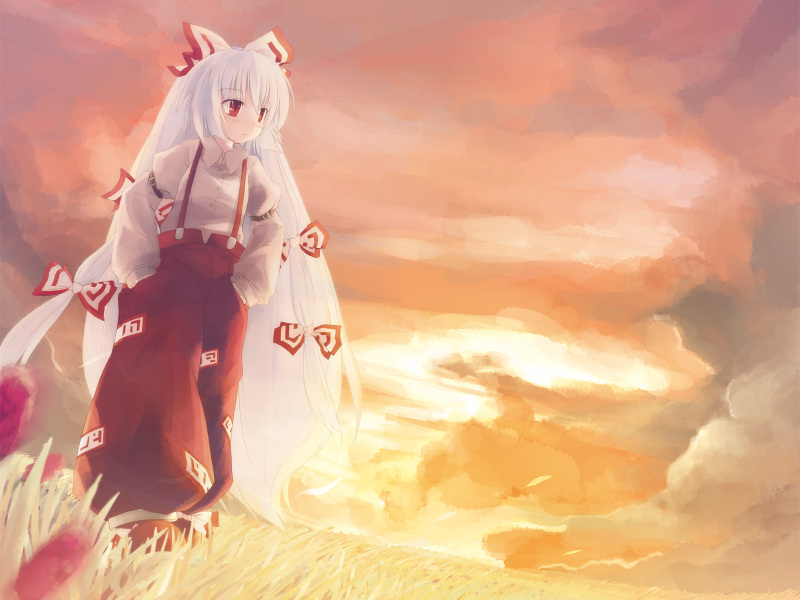 fujiwara no mokou (touhou) drawn by yukitarou_(awamori) and yuuki_tatsuya
