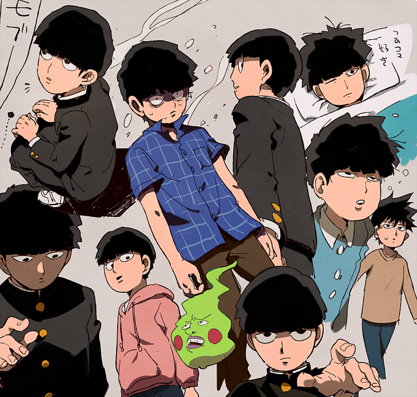 kageyama shigeo, kageyama ritsu, and ekubo (mob psycho 100) drawn by aoki_(fumomo)