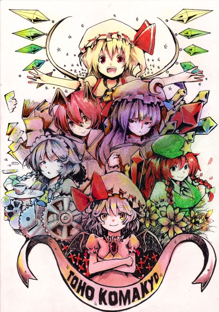 remilia scarlet, flandre scarlet, izayoi sakuya, patchouli knowledge, hong meiling, and 1 more (touhou and 1 more) drawn by jonasan_(bad-t)