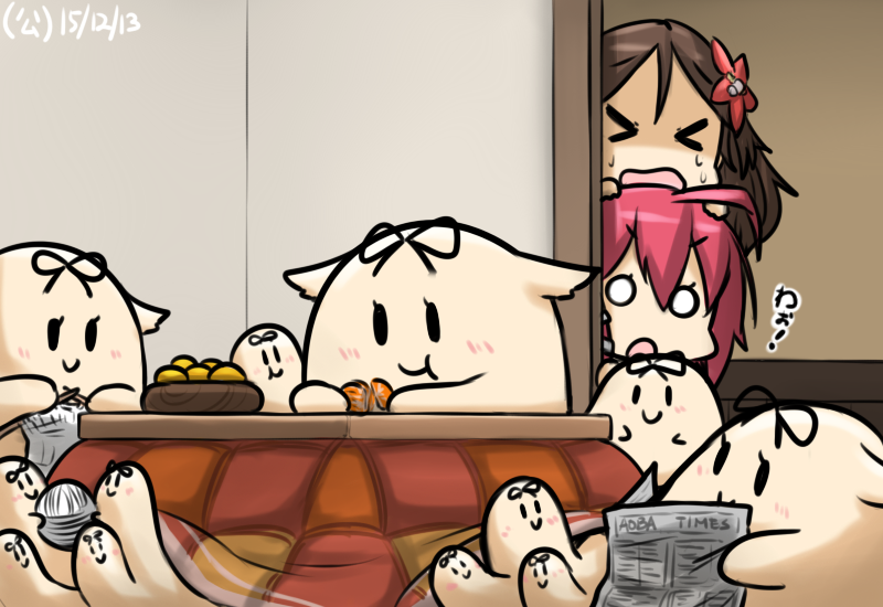i-168, amagi, and the yuudachi-like creature (kantai collection) drawn by hamu_koutarou
