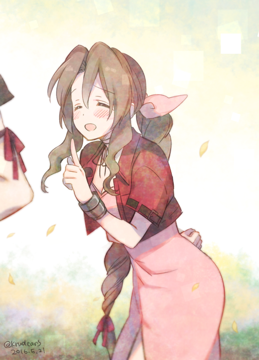 cloud strife and aerith gainsborough (final fantasy and 2 more) drawn by krudears