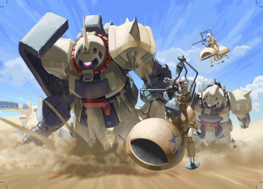 zaku ii, zaku desert type, and gallop (gundam and 1 more) drawn by fmu