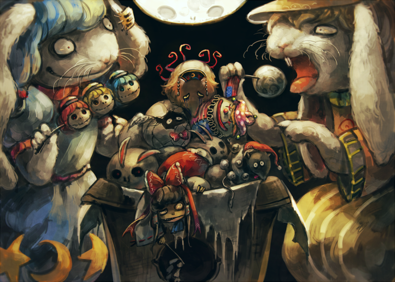 hakurei reimu, clownpiece, junko, hecatia lapislazuli, kishin sagume, and 3 more (touhou and 1 more) drawn by koto_inari