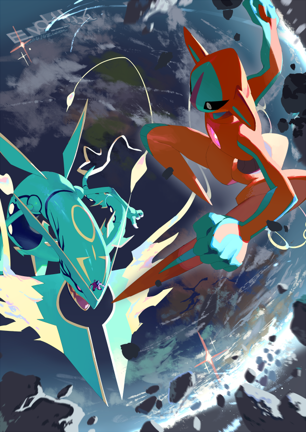 rayquaza, deoxys, and mega rayquaza (pokemon and 1 more) drawn by e_volution