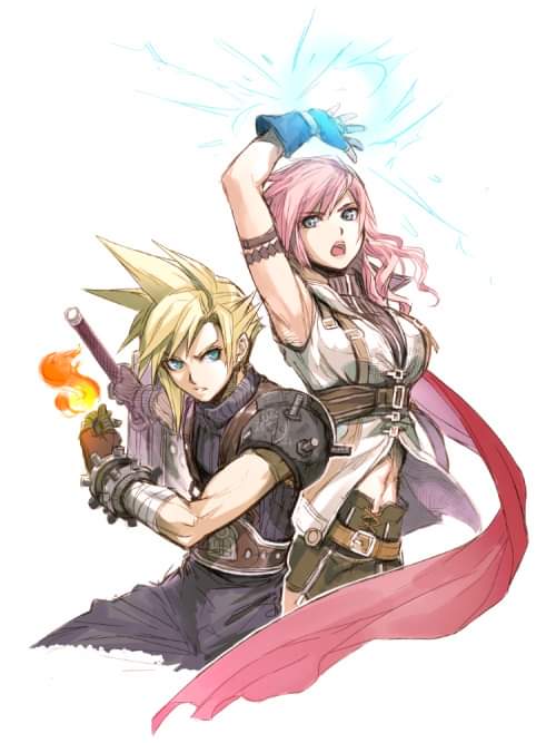 cloud strife and lightning farron (final fantasy and 3 more) drawn by darklightswrath