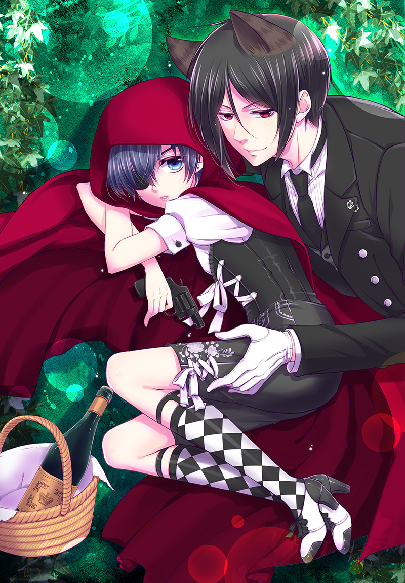 little red riding hood, ciel phantomhive, and big bad wolf (little red riding hood and 1 more) drawn by mika_mikan