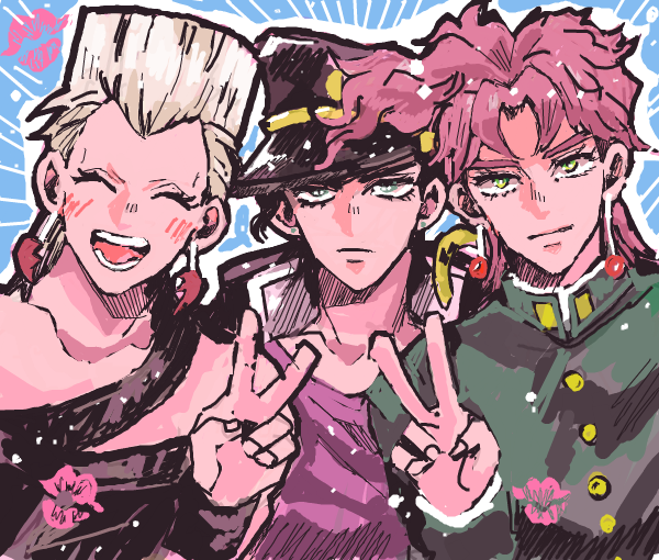 kujo jotaro, kakyoin noriaki, and jean pierre polnareff (jojo no kimyou na bouken and 1 more) drawn by sahau228