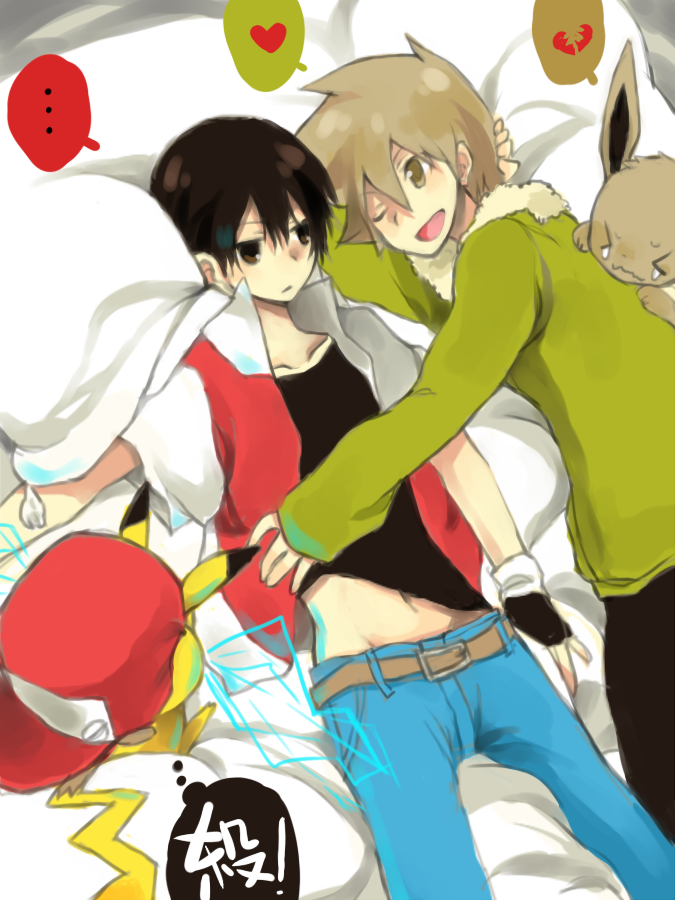 pikachu, red, eevee, and blue oak (pokemon and 1 more) drawn by puddingx2