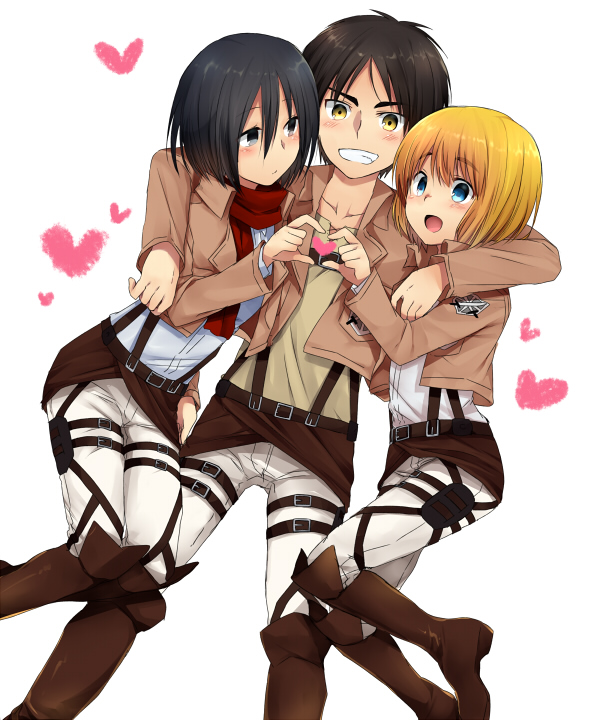 mikasa ackerman, eren yeager, and armin arlert (shingeki no kyojin) drawn by marimo_danshaku