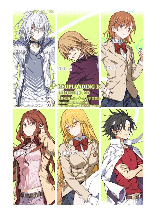 misaka mikoto, shokuhou misaki, accelerator, mugino shizuri, kakine teitoku, and 1 more (toaru majutsu no index and 2 more) drawn by s_m_831