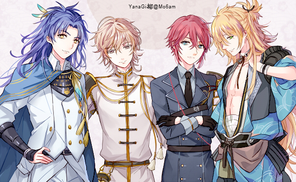 urashima kotetsu, taikogane sadamune, shinano toushirou, and monoyoshi sadamune (touken ranbu) drawn by morning6am