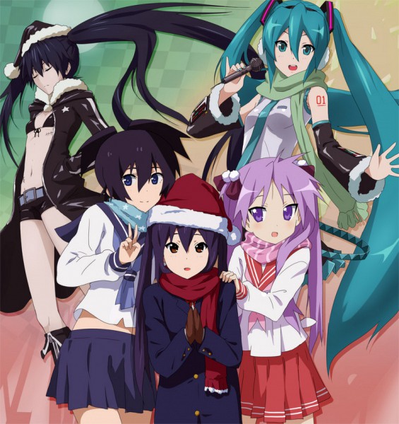 hatsune miku, nakano azusa, hiiragi kagami, black rock shooter, and kuroi mato (vocaloid and 3 more) drawn by yara_kami_meiosei