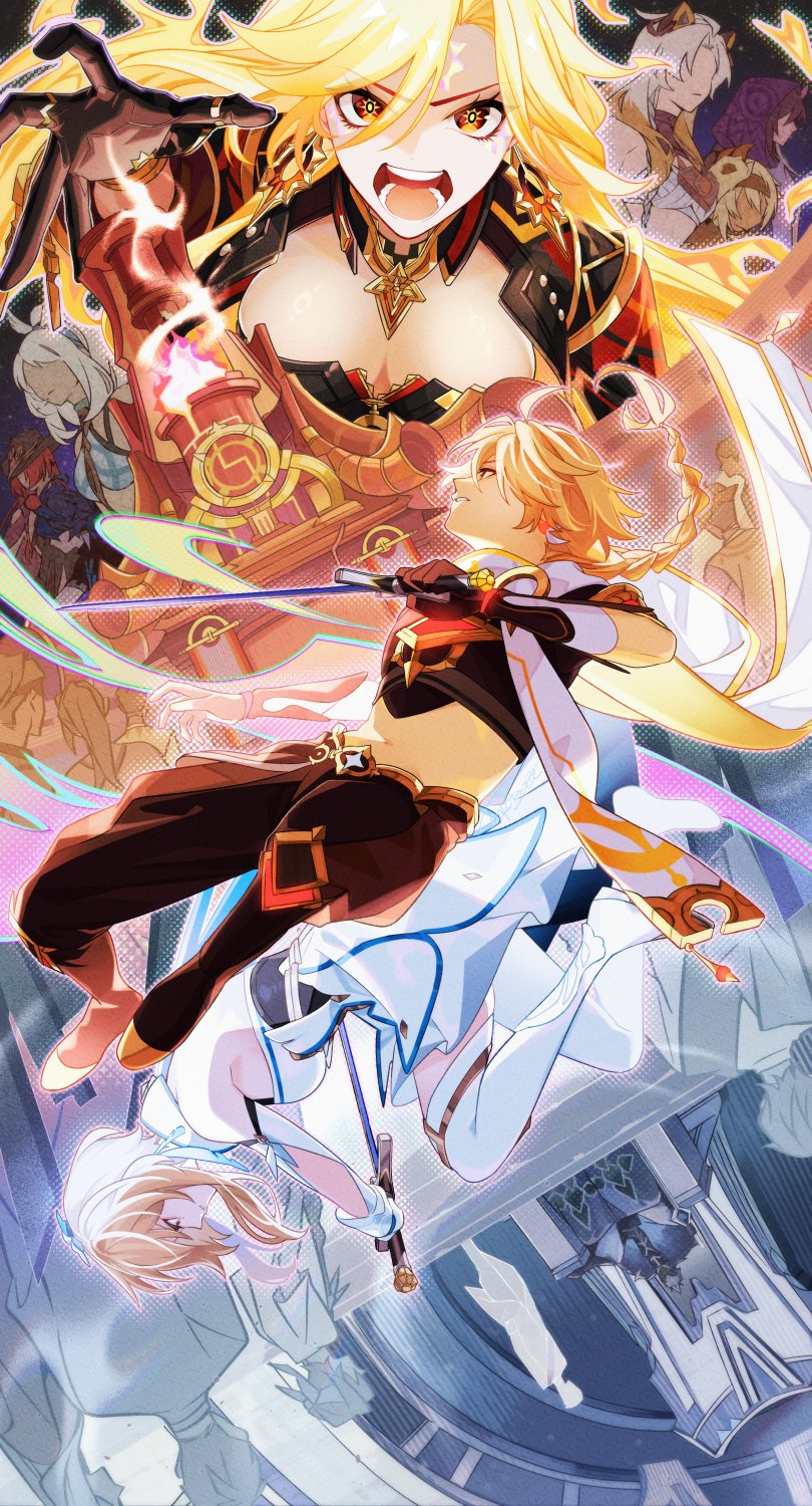 lumine, aether, mavuika, mualani, kinich, and 5 more (genshin impact) drawn by con_potata