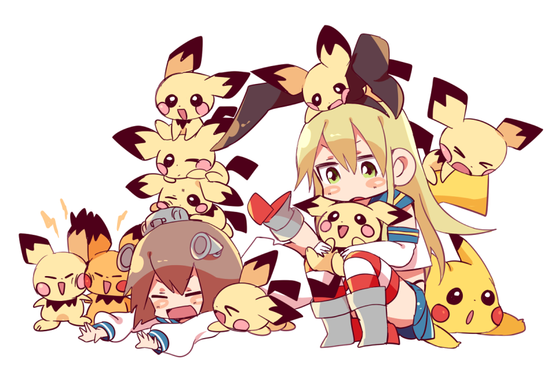 shimakaze, pikachu, yukikaze, pichu, and spiky-eared pichu (kantai collection and 1 more) drawn by hikaru_(hkr3224)