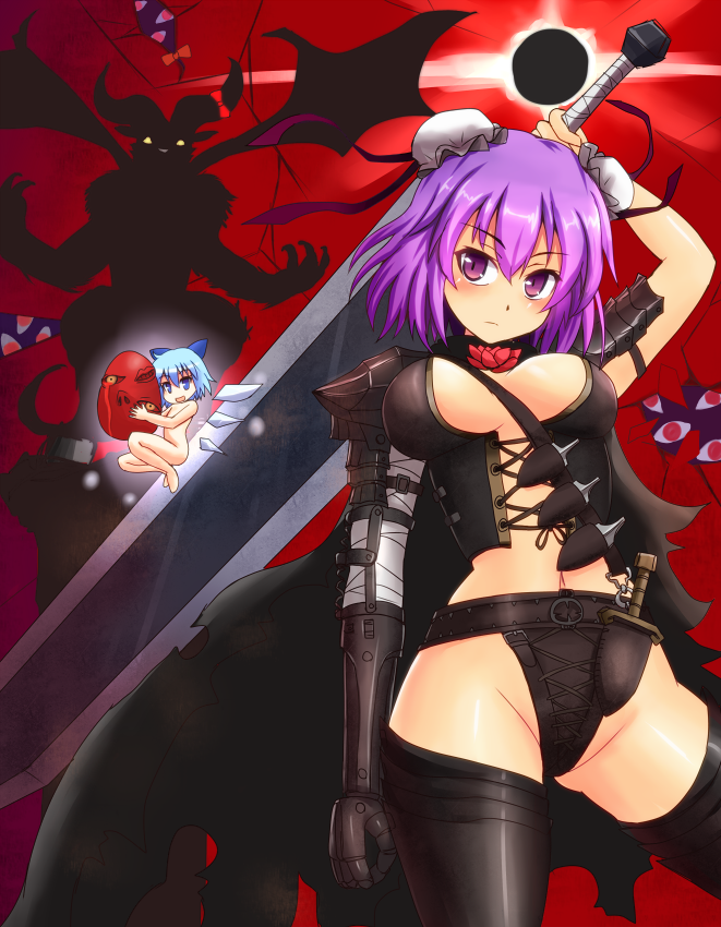 cirno, ibuki suika, ibaraki kasen, guts, puck, and 1 more (touhou and 1 more) drawn by sumapan