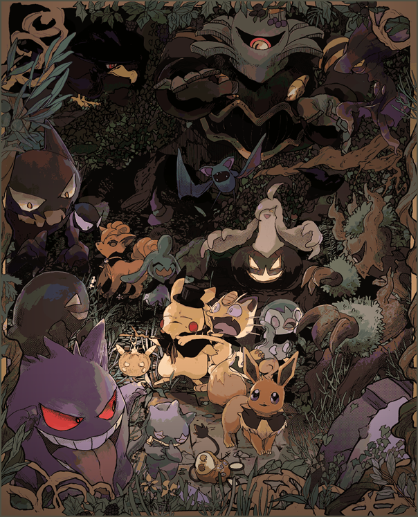 pikachu, eevee, piplup, gengar, meowth, and 12 more (pokemon) drawn by awai_(pixiv29777040)