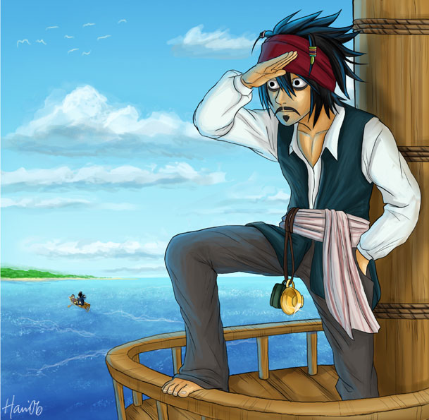 yagami light, l, ryuk, and jack sparrow (death note and 1 more) drawn by hani7