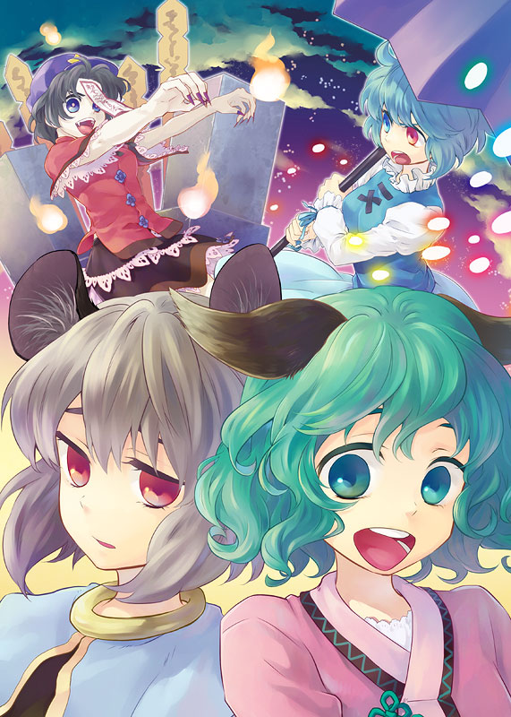 tatara kogasa, nazrin, miyako yoshika, and kasodani kyouko (touhou) drawn by tomobe_kinuko