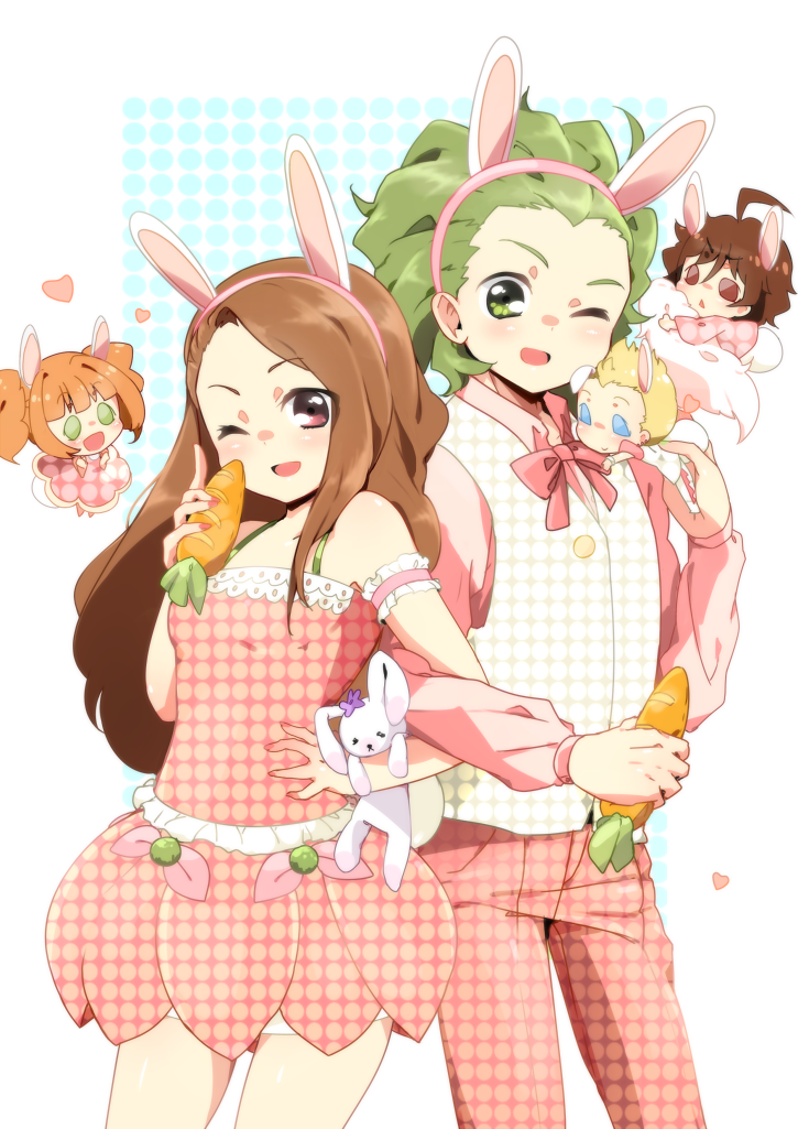 minase iori, takatsuki yayoi, usa-chan, amagase touma, mitarai shouta, and 1 more (idolmaster) drawn by shulliy_baudelair